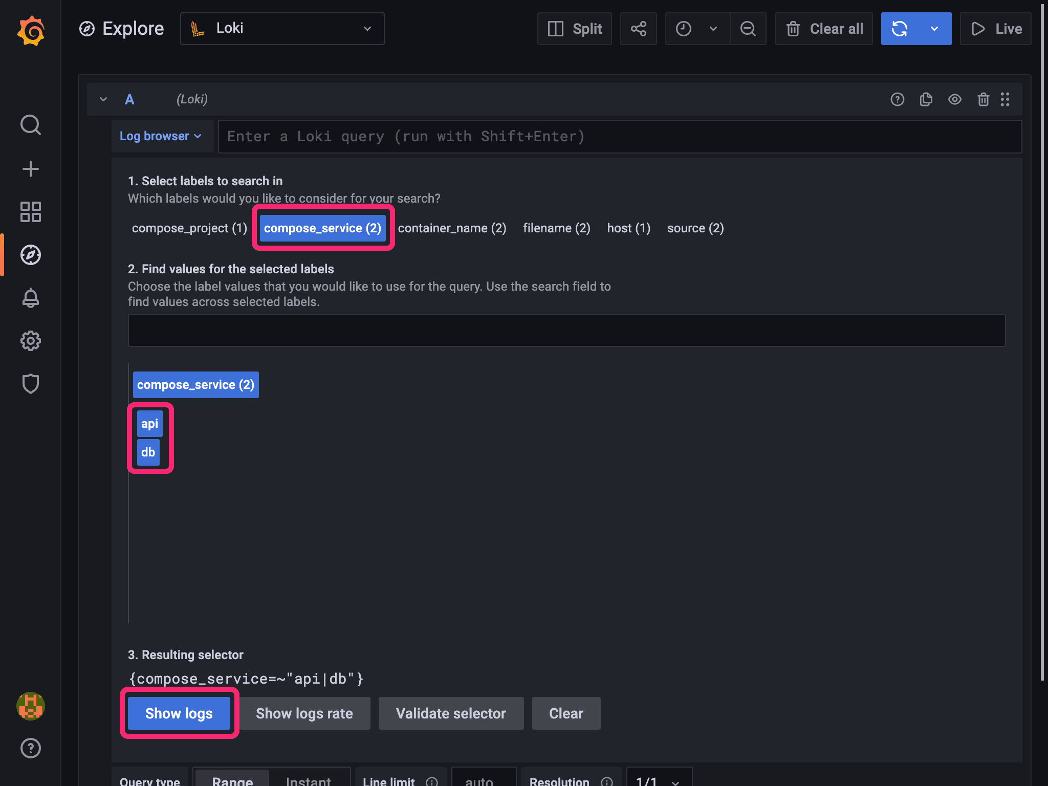 Selecting the Loki log data 