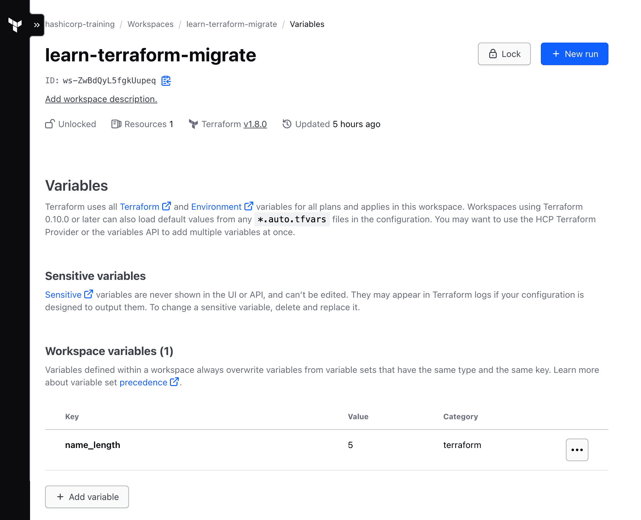 The HCP Terraform workspace's "Variables" tab with a variable added