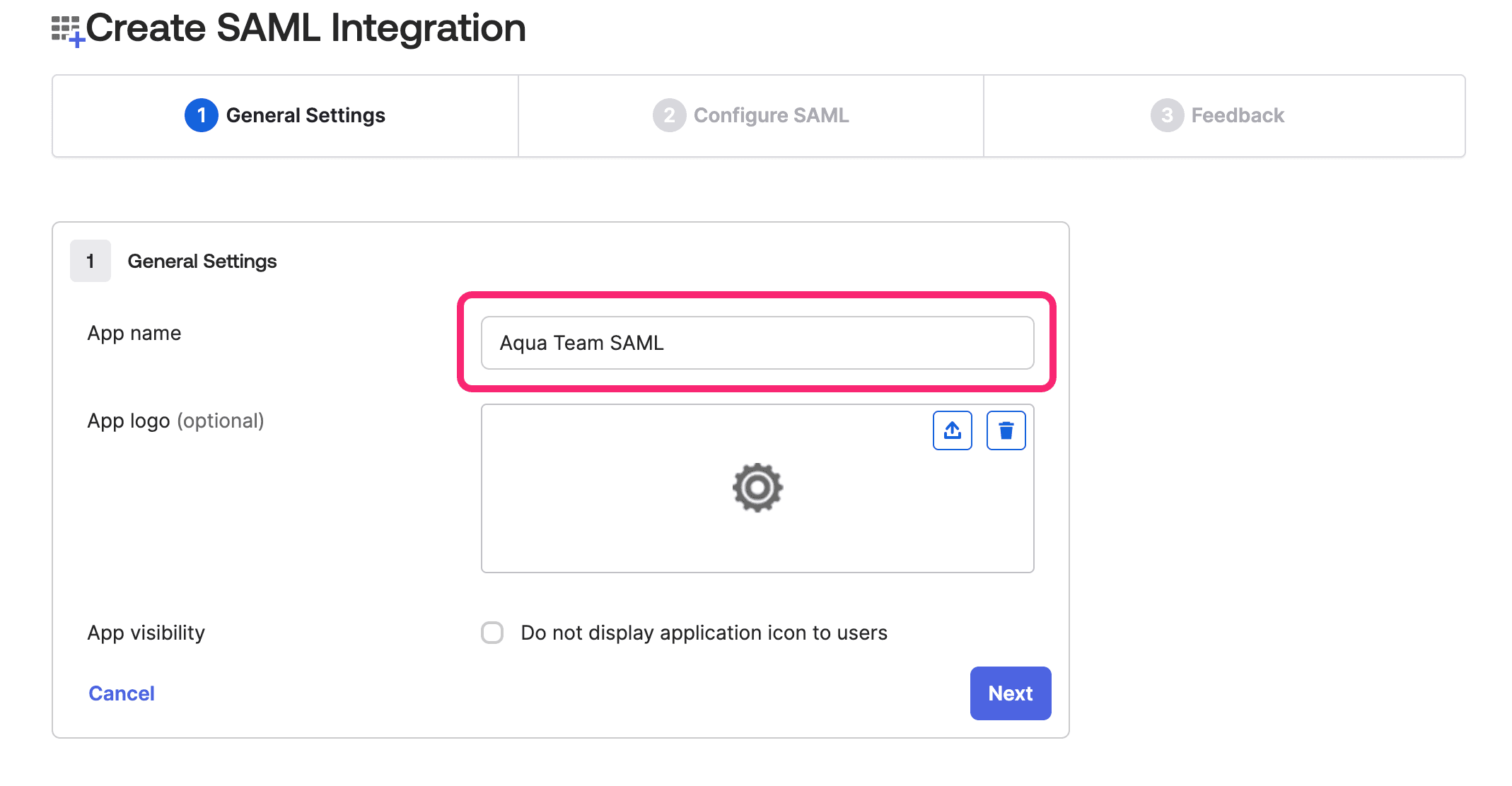 Screenshot showing SAML application settings